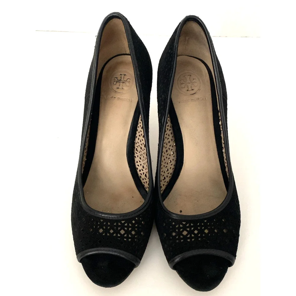 Tory Burch Elinor 90mm Pump Kid Suede Peep Toe Laser Cut Black Slim Heel 5.5